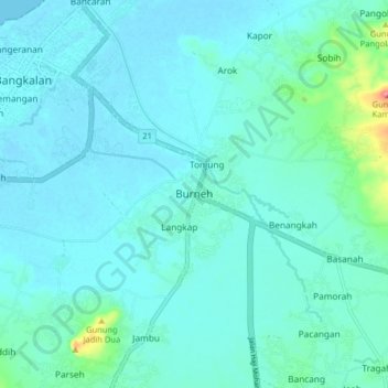 Mapa topográfico Burneh, altitud, relieve
