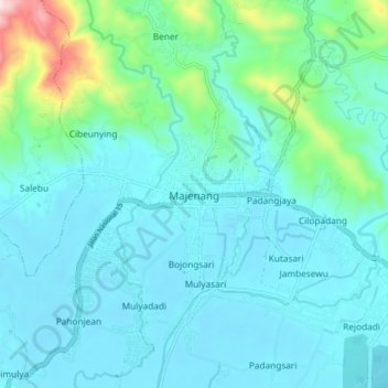 Mapa topográfico Majenang, altitud, relieve