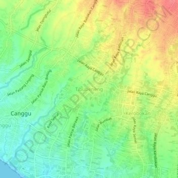 Mapa topográfico Tibubeneng, altitud, relieve