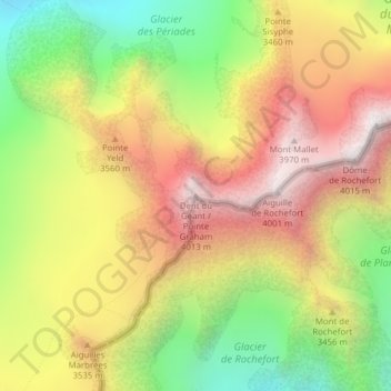 Mapa topográfico Dent du Géant, altitud, relieve