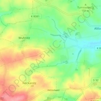 Mapa topográfico Albertitz, altitud, relieve