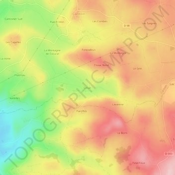 Mapa topográfico Cissac, altitud, relieve