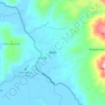Mapa topográfico Malili, altitud, relieve