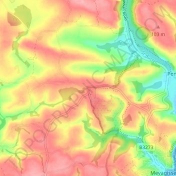 Mapa topográfico Pengrugla, altitud, relieve