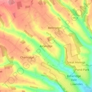 Mapa topográfico Asheridge, altitud, relieve