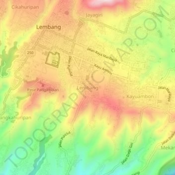 Mapa topográfico Lembang, altitud, relieve