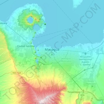 Mapa topográfico Managua, altitud, relieve