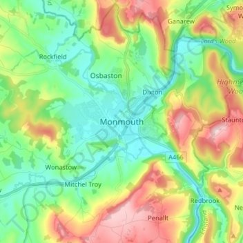 Mapa topográfico Monmouth, altitud, relieve