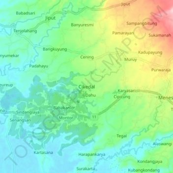 Mapa topográfico Cikedal, altitud, relieve