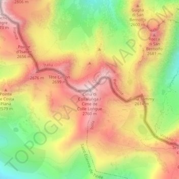 Mapa topográfico Cime de Colle Longue, altitud, relieve