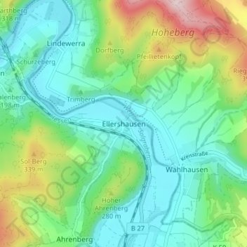 Mapa topográfico Ellershausen, altitud, relieve