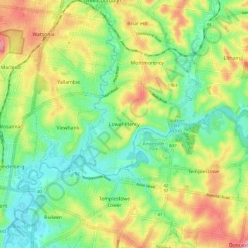 Mapa topográfico Lower Plenty, altitud, relieve