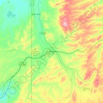 Mapa topográfico Evanston, altitud, relieve
