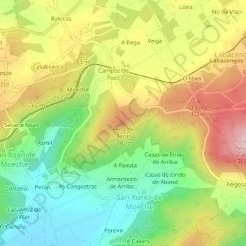 Mapa topográfico Pena de Xacín, altitud, relieve