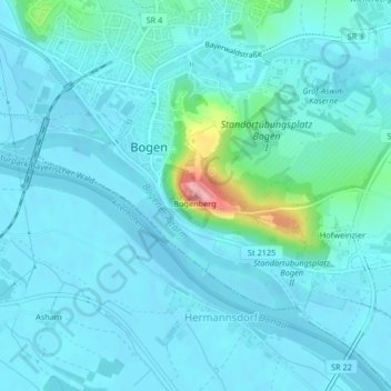 Mapa topográfico Bogenberg, altitud, relieve