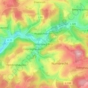 Mapa topográfico Homburg-Bröl, altitud, relieve