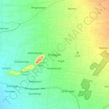 Mapa topográfico Ponggok, altitud, relieve