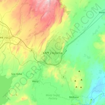 Mapa topográfico Adama, altitud, relieve