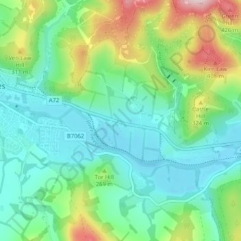 Mapa topográfico Eshiels, altitud, relieve