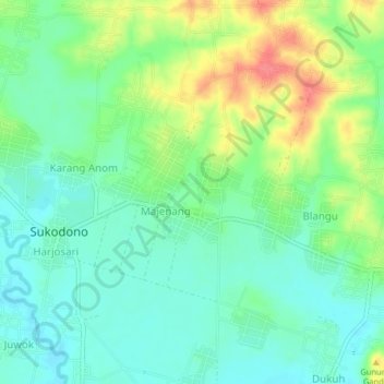 Mapa topográfico Majenang, altitud, relieve
