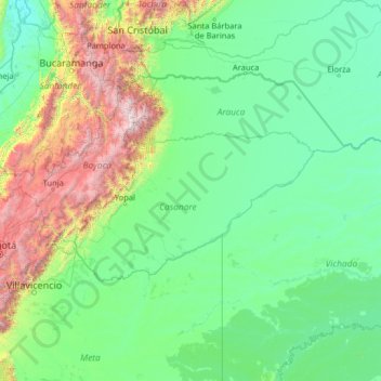 Mapa topográfico Casanare, altitud, relieve