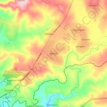 Mapa topográfico Bhisho, altitud, relieve