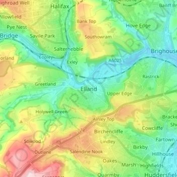 Mapa topográfico Elland, altitud, relieve