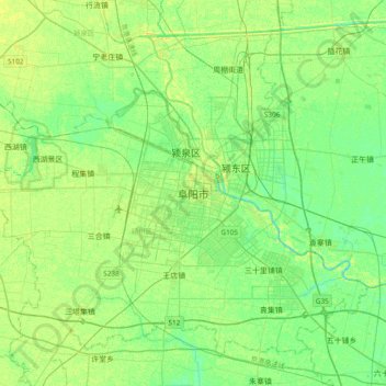 Mapa topográfico Fuyang, altitud, relieve