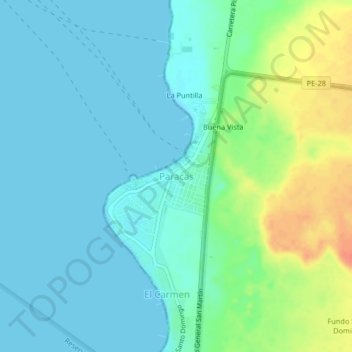 Mapa topográfico Paracas, altitud, relieve