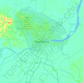 Mapa topográfico Palembang, altitud, relieve