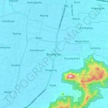 Mapa topográfico Boyolangu, altitud, relieve