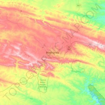 Mapa topográfico Makhanda (Grahamstown), altitud, relieve