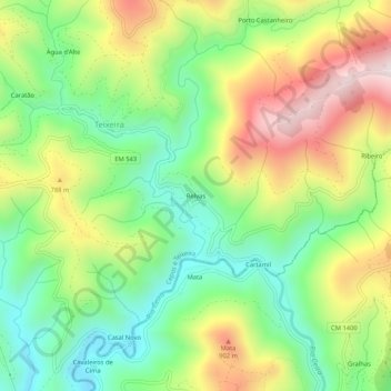 Mapa topográfico Relvas, altitud, relieve