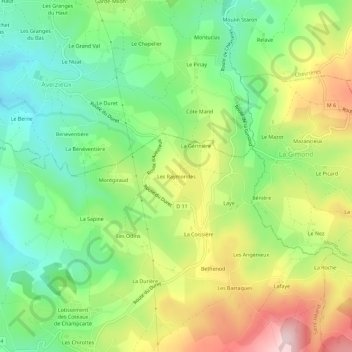 Mapa topográfico Les Raymondes, altitud, relieve