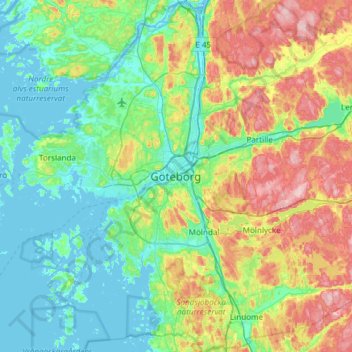 Mapa topográfico Gothenburg, altitud, relieve