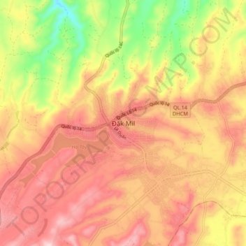 Mapa topográfico Đăk Mil, altitud, relieve