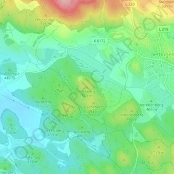 Mapa topográfico Riedberg, altitud, relieve