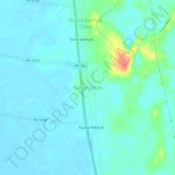 Mapa topográfico Nuevo Tallan, altitud, relieve