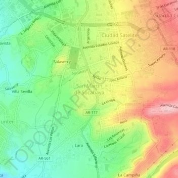 Mapa topográfico San Martín de Socabaya, altitud, relieve