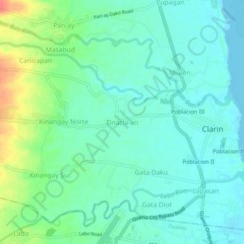 Mapa topográfico Tinacla-an, altitud, relieve