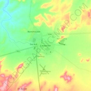 Mapa topográfico Carnarvon, altitud, relieve