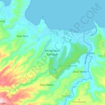Mapa topográfico Kecamatan Sanggar, altitud, relieve