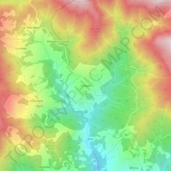 Mapa topográfico Corezzo, altitud, relieve
