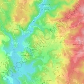 Mapa topográfico Meyrignac, altitud, relieve