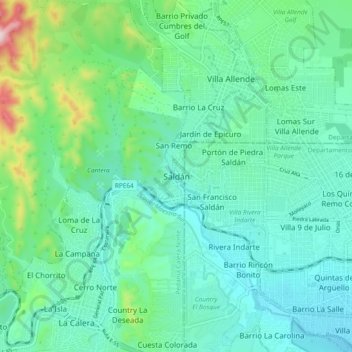 Mapa topográfico Saldán, altitud, relieve