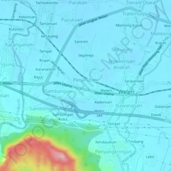 Mapa topográfico Karangtengah, altitud, relieve
