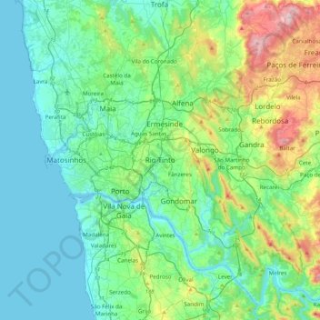 Mapa topográfico Rio Tinto, altitud, relieve