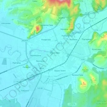 Mapa topográfico Мукачево, altitud, relieve