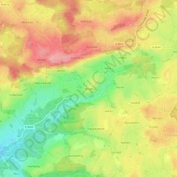 Mapa topográfico Hengle, altitud, relieve