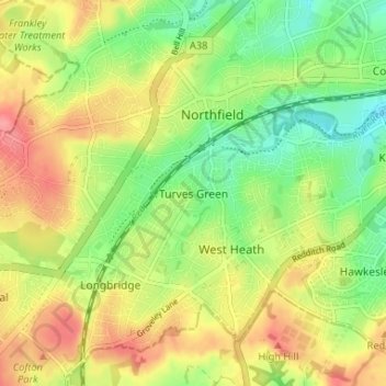 Mapa topográfico Turves Green, altitud, relieve